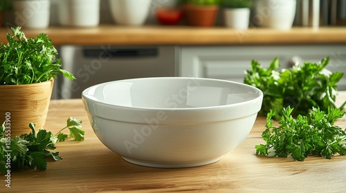 Empty white bowl on wooden kitchen counter with fresh parsley.