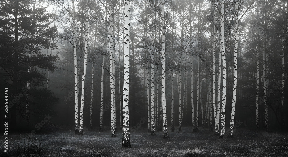 Naklejka premium Birch Tree Forest in Fog Creates Moody and Atmospheric Scene