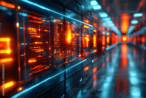 A futuristic data center with glowing panels and a perspective view creating a sense of depth. Perfect for tech or science fiction visualizations.