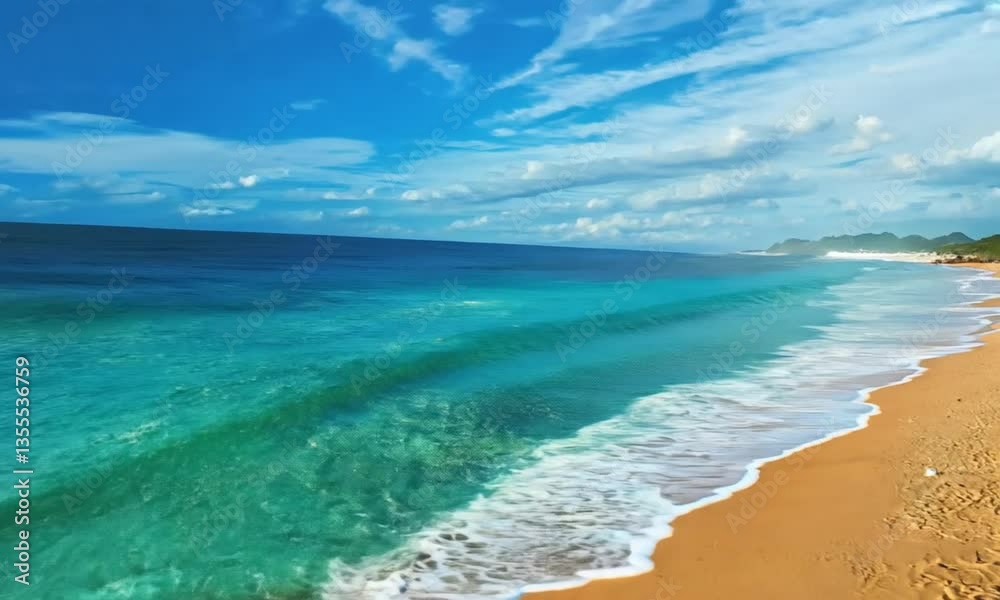 Sandy beach meets vibrant blue ocean under a bright sky with fluffy clouds Sandy beach meets vibrant blue ocean under a bright sky with fluffy clouds