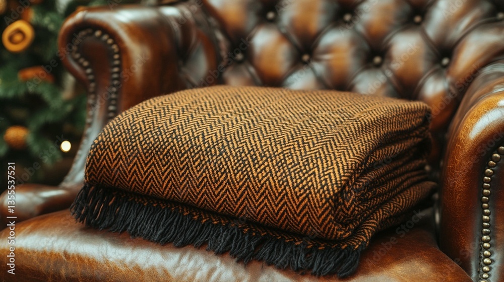 Obraz premium Folded orange and black herringbone throw blanket on a brown leather armchair.