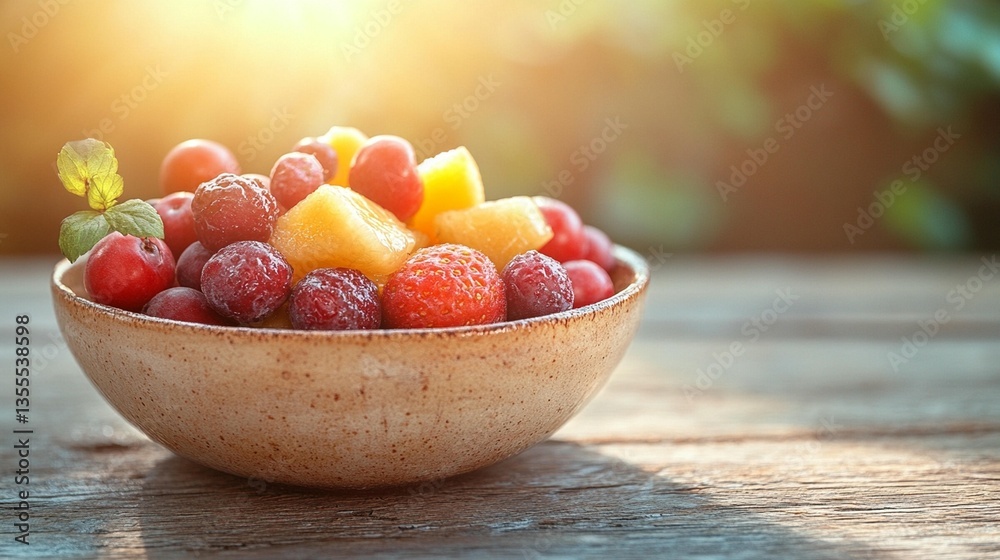 Fresh fruit salad in a bowl on wooden table, sunlight. Fresh fruit salad in a bowl on wooden table, sunlight.