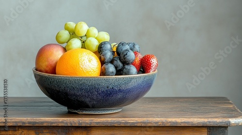Fresh fruit in a bowl on a wooden table.