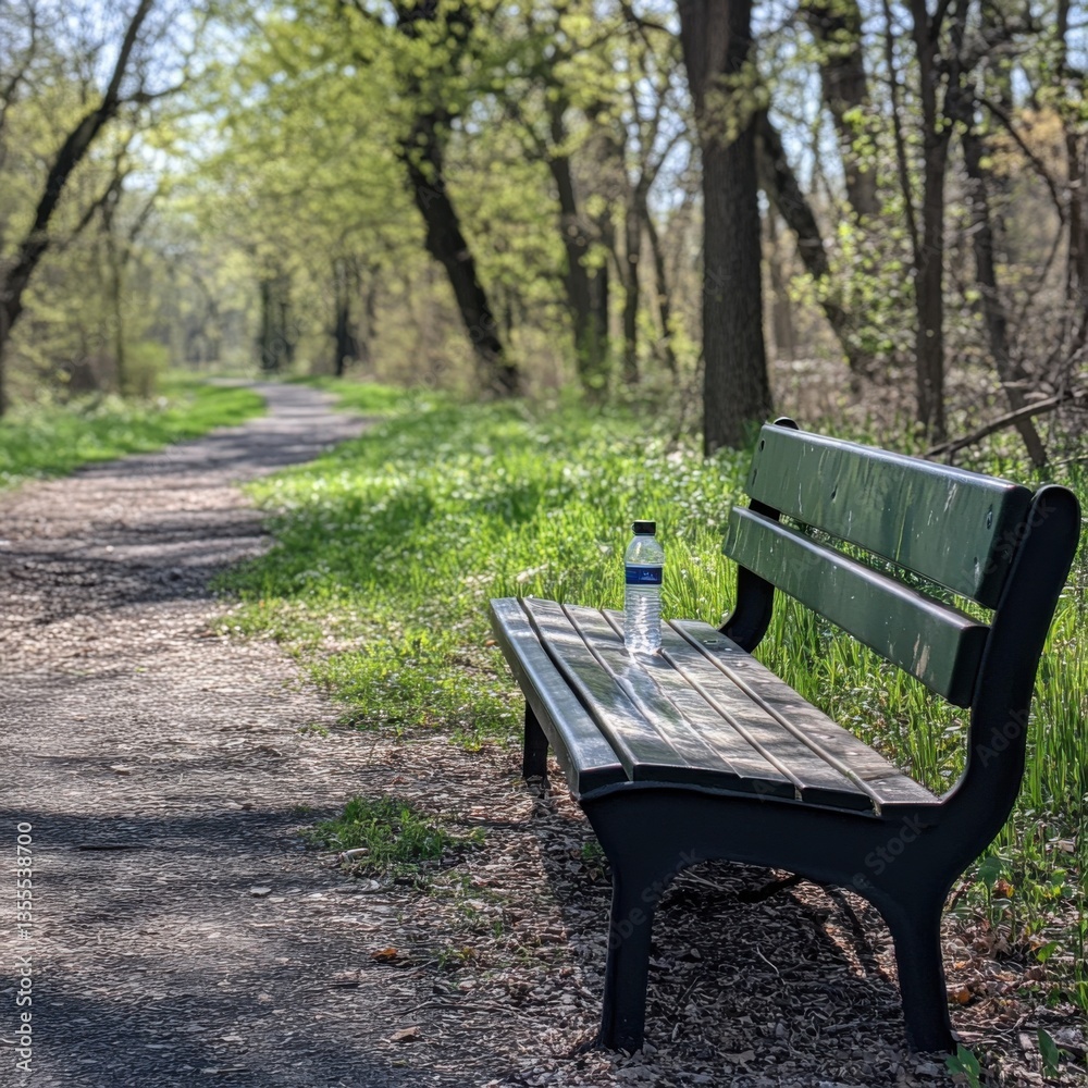 Serene Park Bench Surrounded by Lush Greenery and Pathway