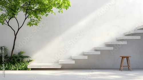 Minimalist Exterior Scene with Stone Steps and Greenery in Bright Daylight