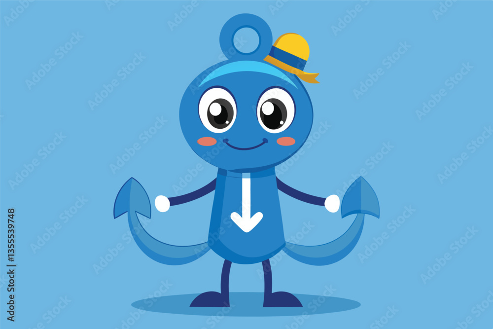 Cheerful cartoon character in captain uniform holding an anchor, set against a blue background, perfect for children's illustrations or nautical themes Cheerful cartoon character in captain uniform holding an anchor, set against a blue background, perfect for children's illustrations or nautical themes