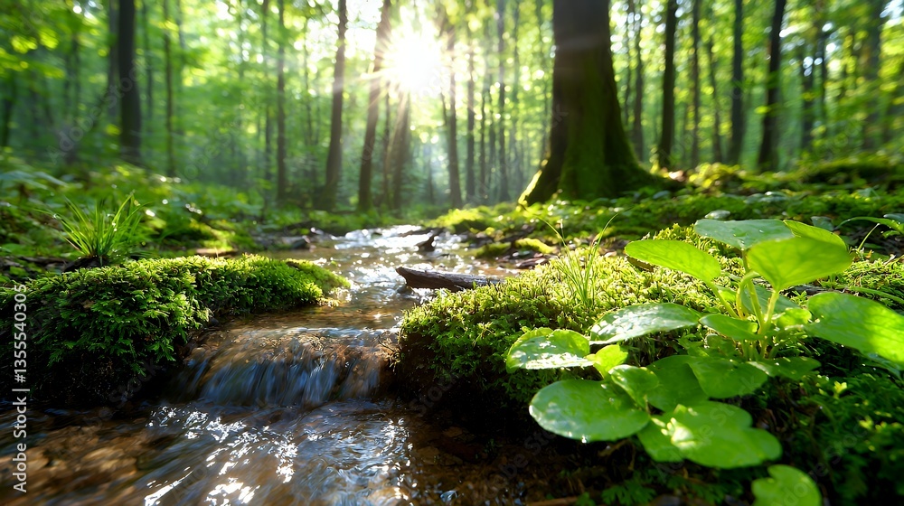 Obraz premium Sunlight Streams Through Trees Over a Flowing Creek in a Lush, Green Forest Environment