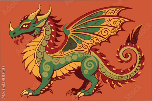 Illustration of a colorful dragon with intricate patterns in a minimal style, showcasing mythical elements in an artistic design
