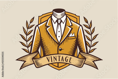 Stylish vintage suit illustration with bow tie and pocket square, showcasing timeless fashion elements in a clean and minimal design