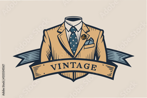 Stylish vintage suit illustration with bow tie and pocket square, showcasing timeless fashion elements in a clean and minimal design