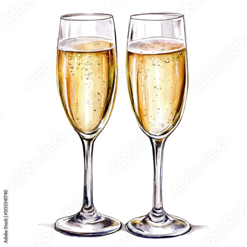 Romantic Champagne Glasses, watercolor illustration, isolated on a white background.
