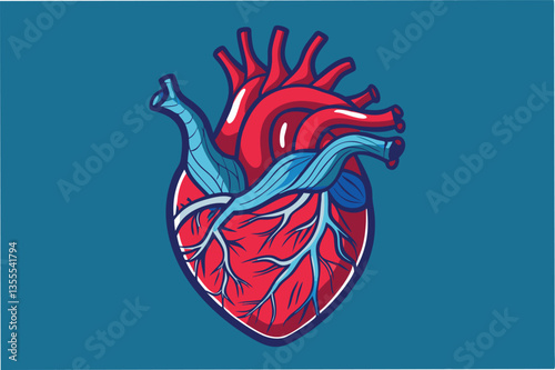 Detailed vector illustration of a human heart showing arteries and veins on a minimal background in vibrant colors