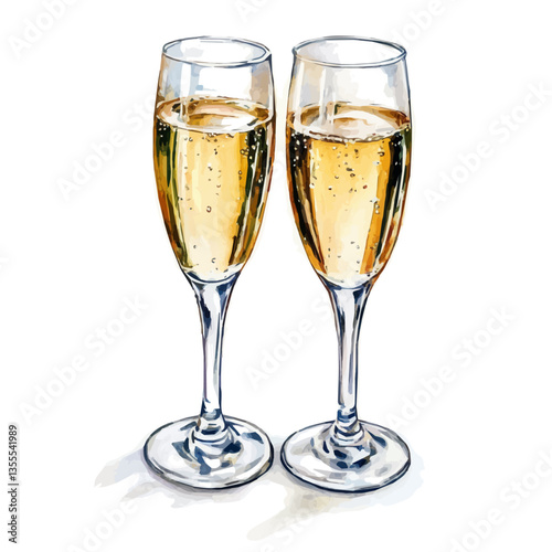 Romantic Champagne Glasses, watercolor vector, isolated on a white background.