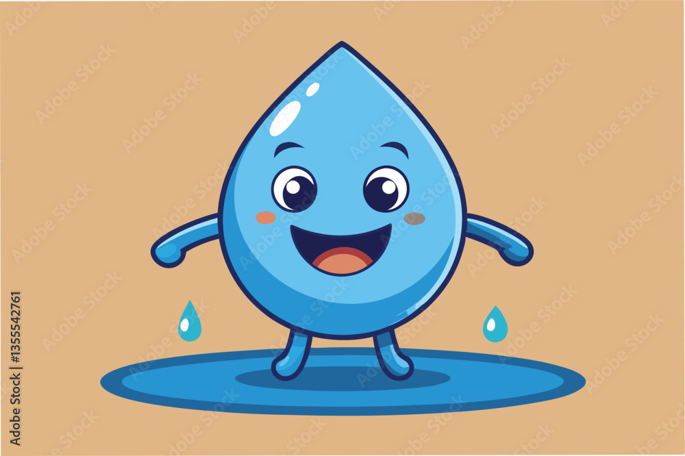Cute vector illustration of a smiling blue water droplet character on a light blue background, expressing happiness and joy in a minimal style
