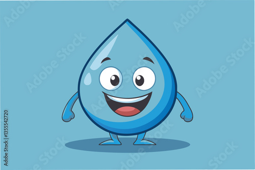 Cute vector illustration of a smiling blue water droplet character on a light blue background, expressing happiness and joy in a minimal style
