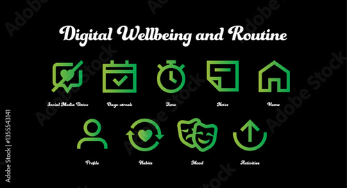 Digital Wellbeing and Routine. Social Media Detox, Days-streak, Time, Notes, Activities, Mood, Activities, Home, Habits, Profile. Productivity.