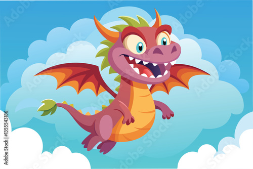 Colorful dragon soaring high in a bright sky surrounded by fluffy clouds
