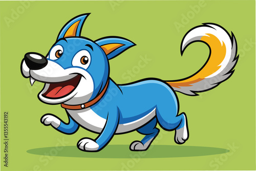 Happy blue dog illustration with minimal style against a green background showcasing playful personality and charm