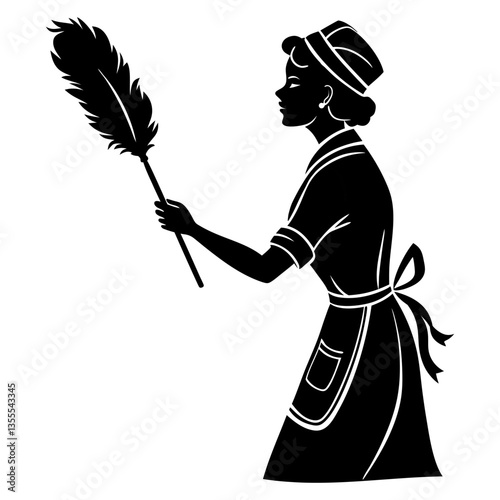 black white silhouette of a housemaid with a fluffy dust brush