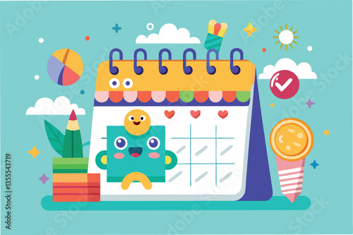 Colorful calendar illustration featuring cheerful characters and vibrant plants in a minimal vector style for engaging daily planning