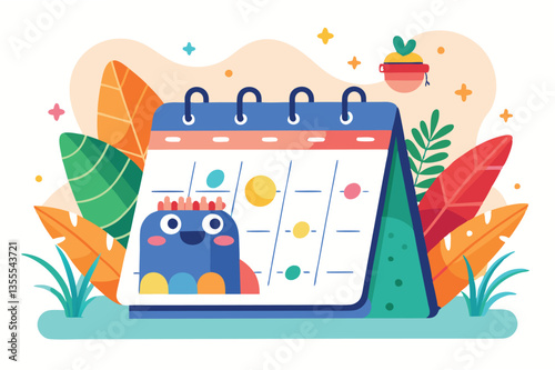 Colorful calendar illustration featuring cheerful characters and vibrant plants in a minimal vector style for engaging daily planning