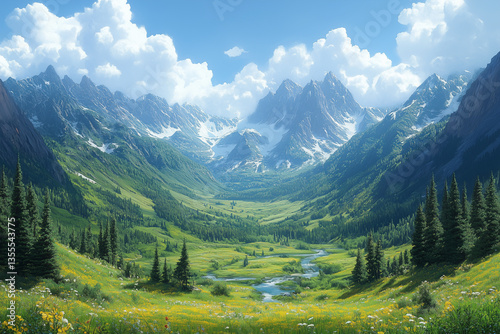 Majestic valley surrounded by snow-capped mountains and green meadows