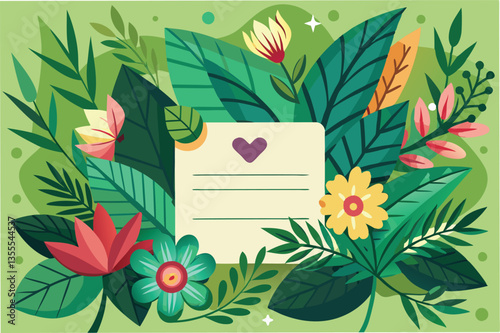 Colorful vector illustration of a message card surrounded by vibrant tropical leaves and flowers in a minimal style