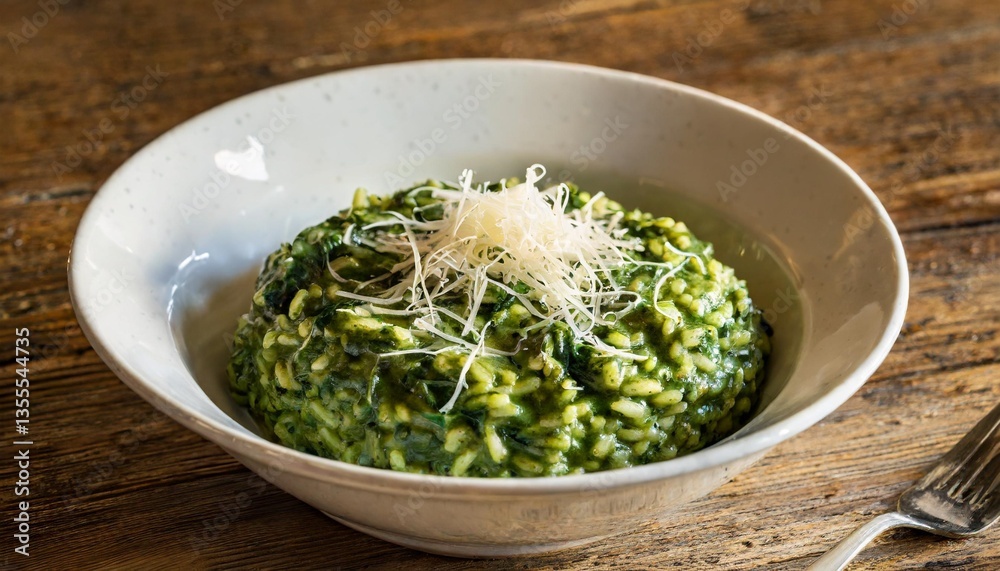 Creamy Spinach Risotto with Parmesan Shavings Photographed Overhead in White Bowl Against Warm Tuscan Evening Glow Creamy Spinach Risotto with Parmesan Shavings Photographed Overhead in White Bowl Against Warm Tuscan Evening Glow