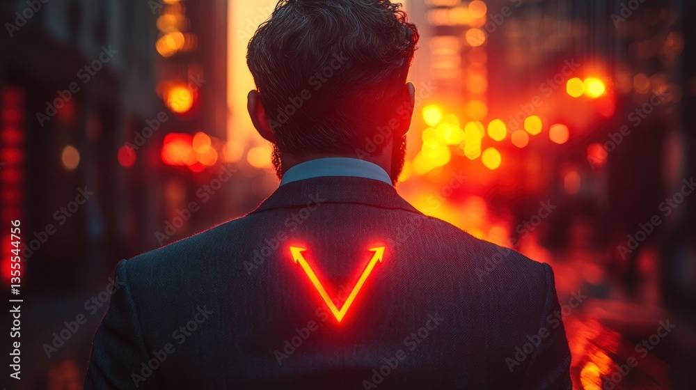 Businessman with upward arrows on back walking city street at night Businessman with upward arrows on back walking city street at night