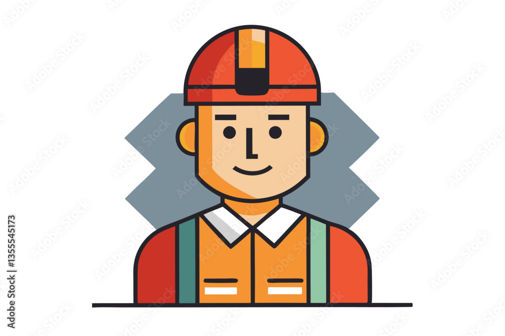 Skilled construction worker with hard hat and friendly smile, ready for work in a minimal vector style illustration Skilled construction worker with hard hat and friendly smile, ready for work in a minimal vector style illustration