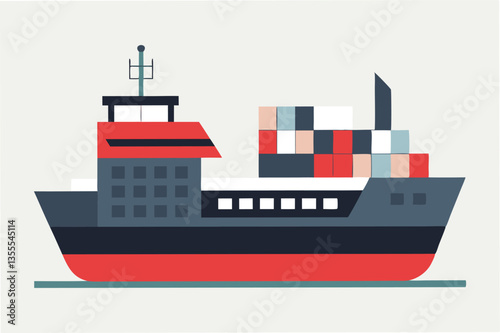 Cargo vessel and sailboat in a minimal vector illustration depicting marine activity on calm waters during daylight hours