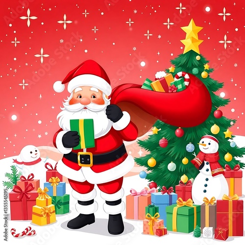 Santa Claus Holding Gifts in Front of a Christmas Tree - Festive Holiday Art, Santa Claus with Gifts, Christmas Celebration Scene, Festive Holiday Illustration, Magical Christmas Scene Santa 8K HD
