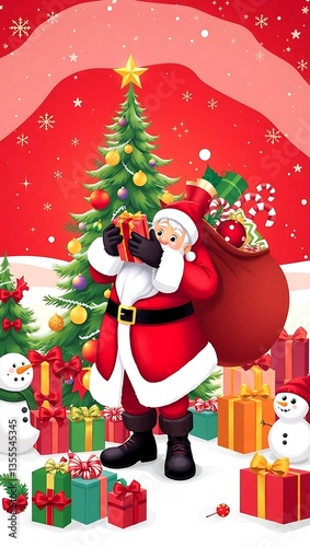 Santa Claus Holding Gifts in Front of a Christmas Tree - Festive Holiday Art, Santa Claus with Gifts, Christmas Celebration Scene, Festive Holiday Illustration, Magical Christmas Scene Santa 8K HD