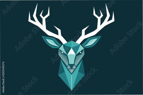 Stylized geometric illustration of a deer head with intricate triangular shapes in shades of teal and blue expressing minimalism and modern design