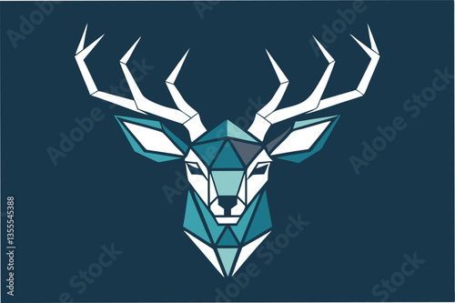 Stylized geometric illustration of a deer head with intricate triangular shapes in shades of teal and blue expressing minimalism and modern design