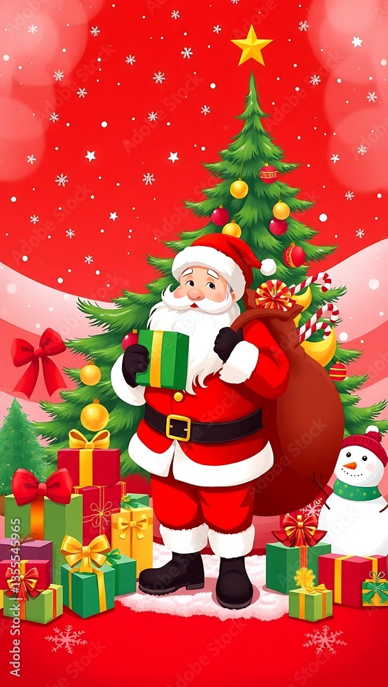Merry Christmas Scene with Santa, Gifts, and Holiday Lights - Digital Artwork, Santa Claus Christmas Illustration, Festive Holiday Vector, Christmas Tree and Santa, Santa Claus Holding Gifts in Front Merry Christmas Scene with Santa, Gifts, and Holiday Lights - Digital Artwork, Santa Claus Christmas Illustration, Festive Holiday Vector, Christmas Tree and Santa, Santa Claus Holding Gifts in Front