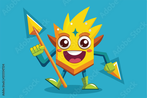Cheerful yellow character with spiky hair runs joyfully while holding a spear in a playful illustration set against a vibrant blue background