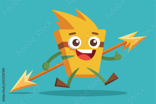 Cheerful yellow character with spiky hair runs joyfully while holding a spear in a playful illustration set against a vibrant blue background
