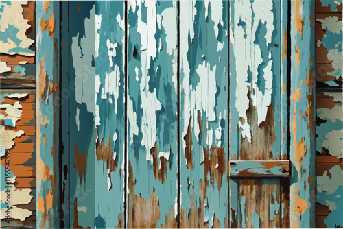 Weathered wooden door with peeling turquoise paint and rustic textures reveals the charm of neglect in an old wooden structure