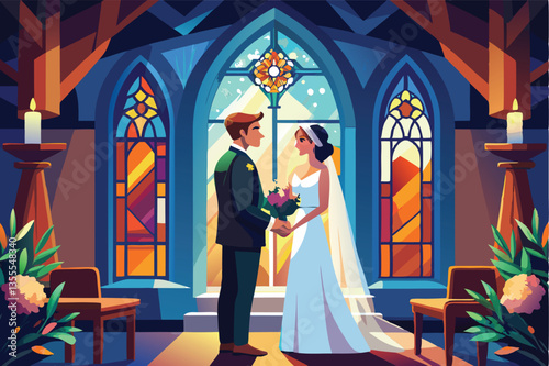 Elegant wedding ceremony taking place in a beautifully decorated chapel with colorful stained glass windows and romantic ambiance