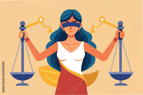 Justice personified in a minimal vector illustration featuring a blindfolded figure holding scales symbolizing fairness and equality against a colorful backdrop