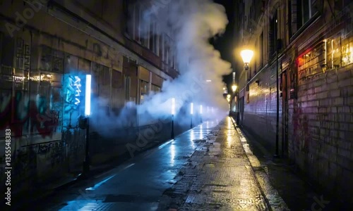 A dimly lit alleyway glows with neon reflections as steam rises from a metal grate. Graffiti-covered walls and flickering streetlights create an eerie, moody atmosphere