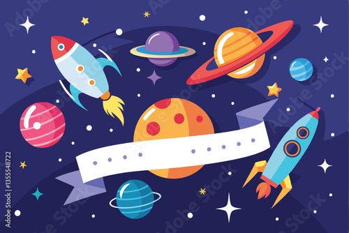 Explore the wonders of space in a minimal vector illustration featuring rockets, planets, and stars in a vibrant cosmic setting