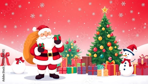 Santa Claus Holding Gifts in Front of a Christmas Tree - Festive Holiday Art, Santa Claus with Gifts, Christmas Celebration Scene, Festive Holiday Illustration, Magical Christmas Scene Santa 8K HD