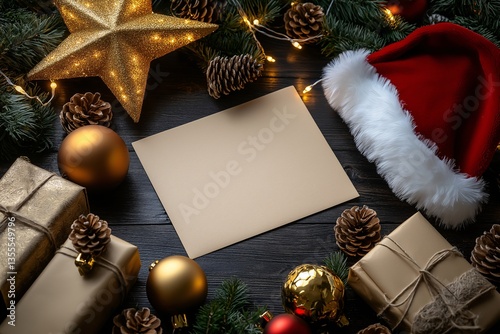 Christmas Holiday Decorations and Wrapped Gifts: Festive Santa Hat, Greenery, Ornaments, and Pinecones on Wooden Table - Cozy Winter Celebration Background with Blank Letter for Wish-List Writing