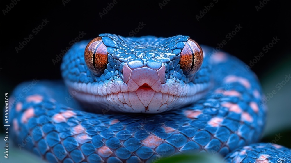 Fototapeta premium Blue viper coiled, intense stare, dark jungle background, wildlife study