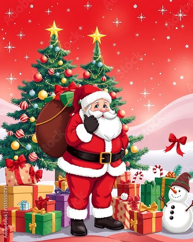 Merry Christmas Scene with Santa, Gifts, and Holiday Lights - Digital Artwork, Santa Claus Christmas Illustration, Festive Holiday Vector, Christmas Tree and Santa, Santa Claus Holding Gifts in Front 