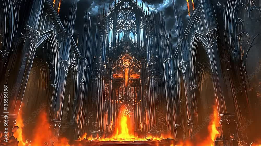 Dark fantasy cathedral with fiery lava flow, gothic architecture, and dramatic lighting creating an apocalyptic atmosphere


