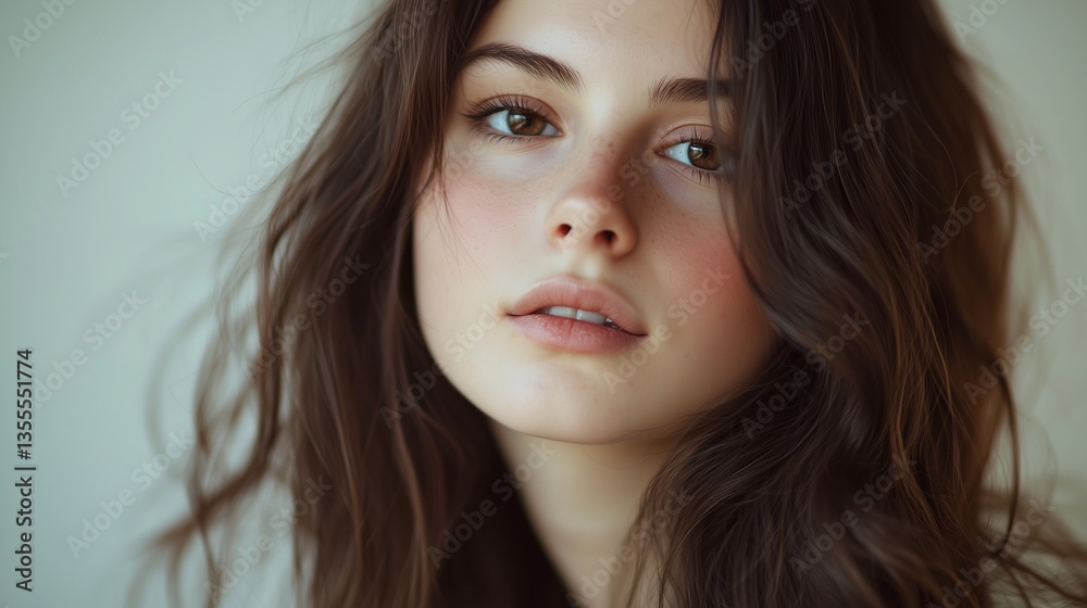 A stunning close-up portrait of a gorgeous young brunette female model with long, flowing brown wavy hair. 