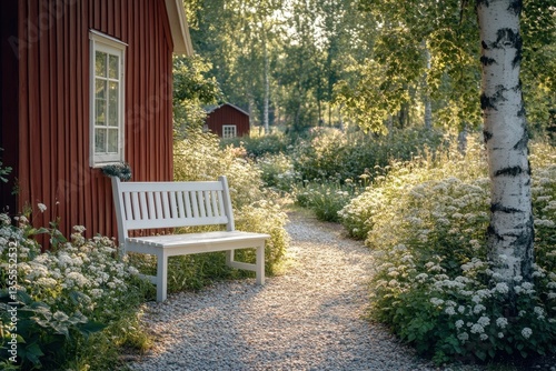Swedish summer garden with wildflowers, berry bushes, and red cottage near a white bench under birch tree

